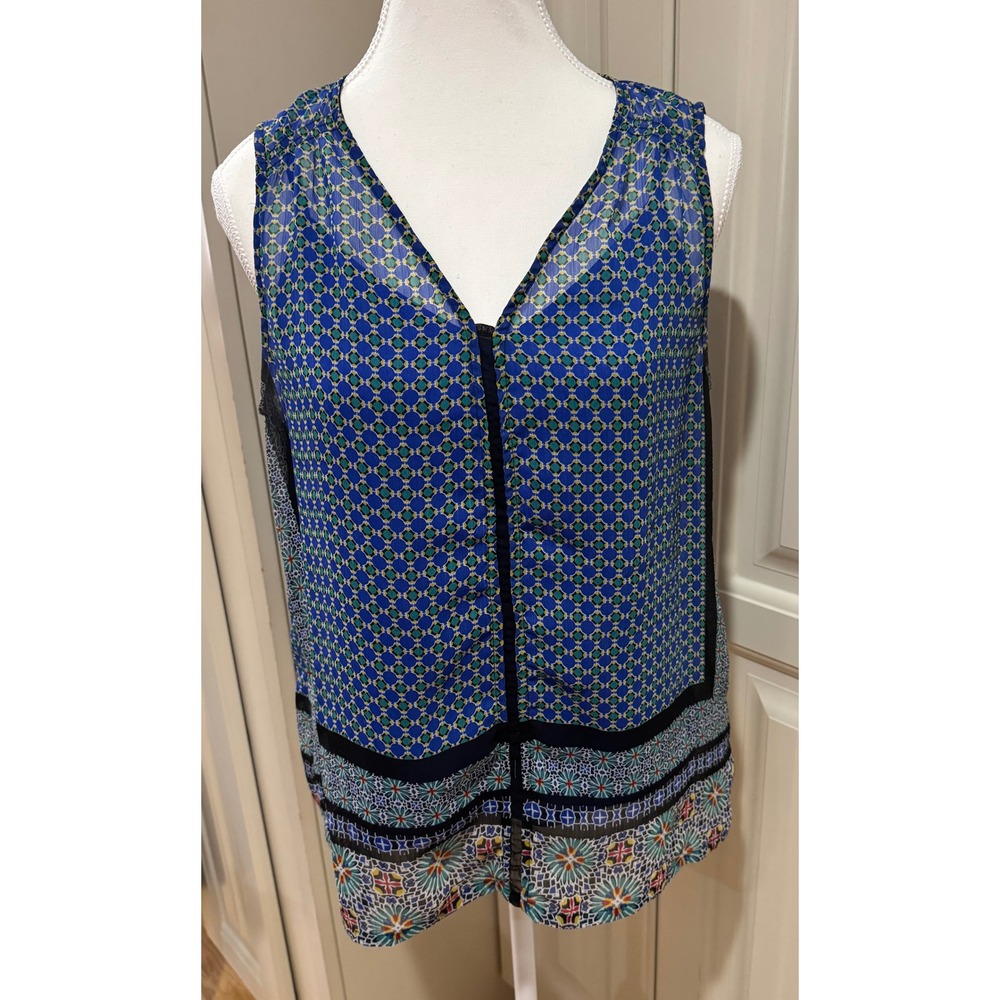 Liz Claiborne Petite Medium Blue Geometric Print‎ Sleeveless Blouse Top 2 Piece